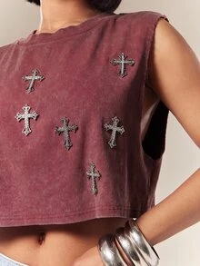 Denimoi Rhinestone Cross Charms Cropped Low Armhole Tank Top, Fashionable, Crop Top - Burgundy - View 2