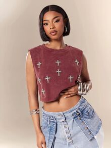 Denimoi Rhinestone Cross Charms Cropped Low Armhole Tank Top, Fashionable, Crop Top - Burgundy - View 4