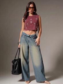 Denimoi Rhinestone Cross Charms Cropped Low Armhole Tank Top, Fashionable, Crop Top - Burgundy - View 8