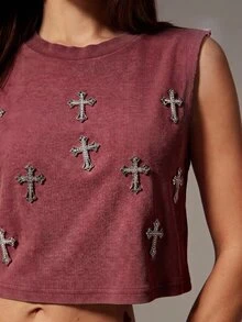 Denimoi Rhinestone Cross Charms Cropped Low Armhole Tank Top, Fashionable, Crop Top - Burgundy - View 10