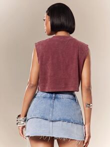 Denimoi Rhinestone Cross Charms Cropped Low Armhole Tank Top, Fashionable, Crop Top - Burgundy - View 3