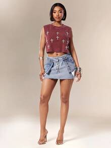 Denimoi Rhinestone Cross Charms Cropped Low Armhole Tank Top, Fashionable, Crop Top - Burgundy - View 5
