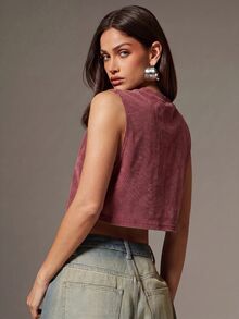 Denimoi Rhinestone Cross Charms Cropped Low Armhole Tank Top, Fashionable, Crop Top - Burgundy - View 7