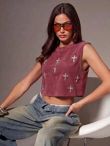 Denimoi Rhinestone Cross Charms Cropped Low Armhole Tank Top, Fashionable, Crop Top - Burgundy - View 6
