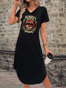 EMERY ROSE Gaun Panjang Wanita Kasual Sederhana dengan Motif Bibir Merah, Alat Musik, dan Tulisan "ALWAYS", Kerah V, Longgar, Cocok untuk Musim Panas, Gaun Chic, Kasual. - Hitam - View 5