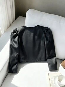 SHEIN 女童時尚優雅3D花朵裝飾夾克開學穿搭套裝，秋季冬季休閒圖案女童套裝 - 黑色 - 查看 2