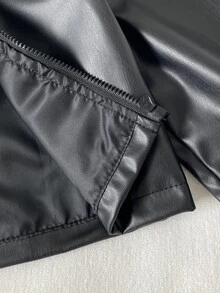 SHEIN 女童時尚優雅3D花朵裝飾夾克開學穿搭套裝，秋季冬季休閒圖案女童套裝 - 黑色 - 查看 6