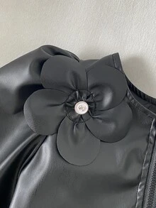 SHEIN 女童時尚優雅3D花朵裝飾夾克開學穿搭套裝，秋季冬季休閒圖案女童套裝 - 黑色 - 查看 5