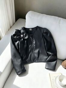 SHEIN 女童時尚優雅3D花朵裝飾夾克開學穿搭套裝，秋季冬季休閒圖案女童套裝 - 黑色 - 查看 8
