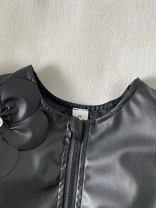 SHEIN 女童時尚優雅3D花朵裝飾夾克開學穿搭套裝，秋季冬季休閒圖案女童套裝 - 黑色 - 查看 4