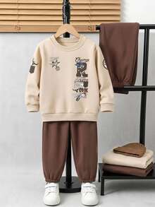 Genkimix Kids 小男孩 2件組卡通字母圖案拼色運動衫與運動長褲套裝，幼兒男孩休閒運動服，秋季穿搭，秋冬衣物 - 卡其色 - 查看 3
