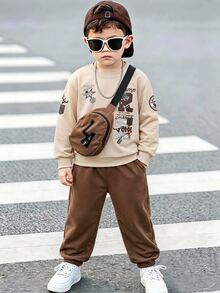 Genkimix Kids 小男孩 2件組卡通字母圖案拼色運動衫與運動長褲套裝，幼兒男孩休閒運動服，秋季穿搭，秋冬衣物 - 卡其色 - 查看 4