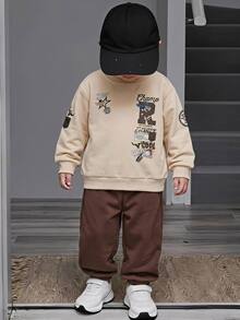 Genkimix Kids 小男孩 2件組卡通字母圖案拼色運動衫與運動長褲套裝，幼兒男孩休閒運動服，秋季穿搭，秋冬衣物 - 卡其色 - 查看 8