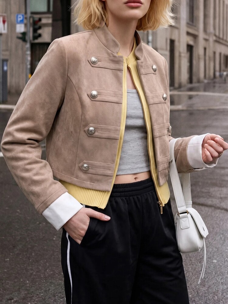 Struktiv Women's Spring/Summer Fashion Elegant Napoleon Shoulder Long Sleeve Jacket, Suitable For Dating, Outing, Shopping, Daily Commute - Khaki - View 1