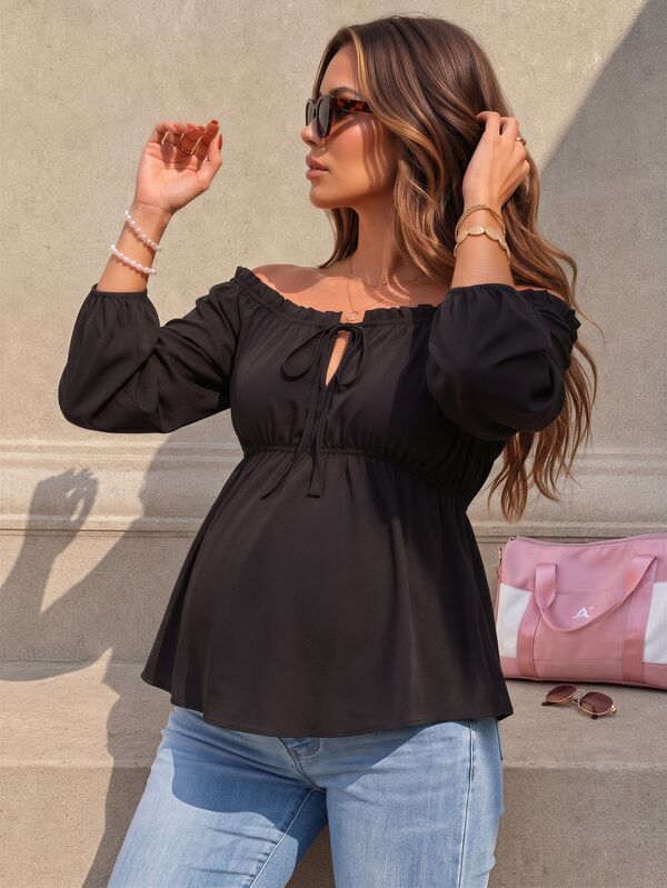 Momance Blusa de maternidad elegante y casual para mujer en color negro, con hombros descubiertos, lazo anudado al frente, manga larga, para otoño, baby shower, sesión de fotos y eventos formales de otoño