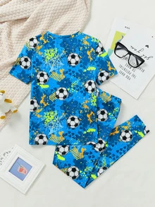 SHEIN Tween Boy Snug Fit Soccer Pattern Round Neck Short Sleeve Top And Long Pants Knitted Home Wear Two Pieces Set,Kids - Blue - View 2