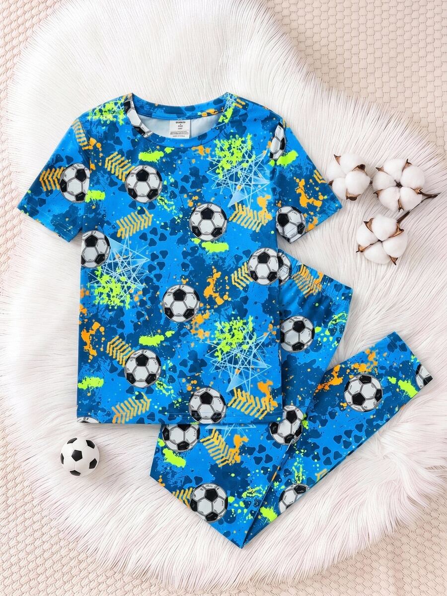 SHEIN Tween Boy Snug Fit Soccer Pattern Round Neck Short Sleeve Top And Long Pants Knitted Home Wear Two Pieces Set,Kids - Blue - View 1
