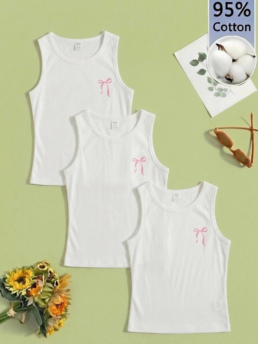 Girls Sleeveless Round Neck Tank Tops, 3pcs Set - White - View 1