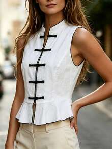 SHEIN New Chinese Style Stand CollarFrogButtonTopWith Ruffle HemSlim Fit Minimalist Retro Elegant Casual Tank Top Summerbrunch Party Black And White Cotton - White - View 5
