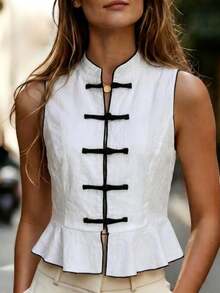 SHEIN New Chinese Style Stand CollarFrogButtonTopWith Ruffle HemSlim Fit Minimalist Retro Elegant Casual Tank Top Summerbrunch Party Black And White Cotton - White - View 8