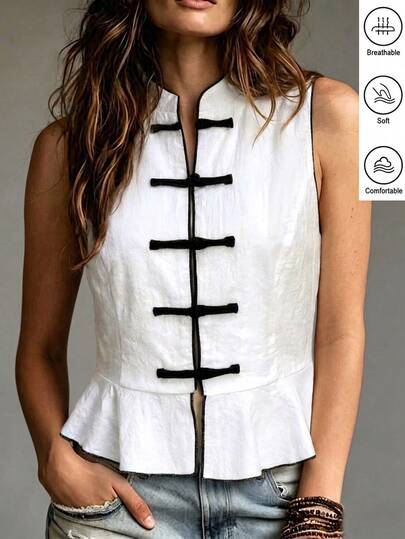 SHEIN New Chinese Style Stand CollarFrogButtonTopWith Ruffle HemSlim Fit Minimalist Retro Elegant Casual Tank Top Summerbrunch Party Black And White Cotton