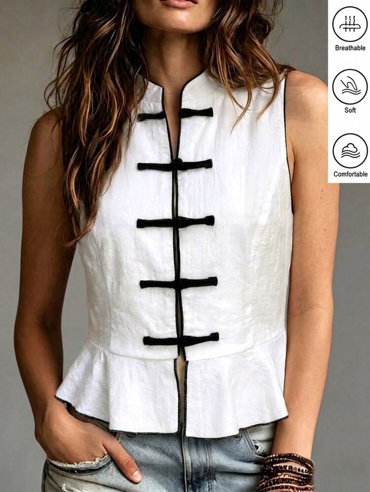SHEIN 新中式立領盤扣上衣 荷葉邊下擺 修身簡約復古優雅休閒背心 夏季早午餐派對 黑白配色純棉 - 白色 - 查看 1