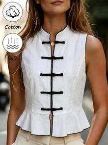 SHEIN New Chinese Style Stand CollarFrogButtonTopWith Ruffle HemSlim Fit Minimalist Retro Elegant Casual Tank Top Summerbrunch Party Black And White Cotton - White - View 4