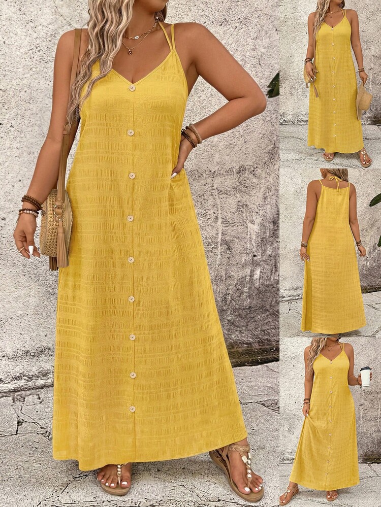 SHEIN LUNE Plus Size Casual Solid Color Spaghetti Strap Dress - Yellow - View 1