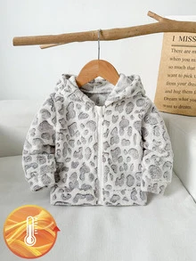 SHEIN Playful Pals Baby Girl Casual Solid Color Thermal Lined Hooded Zip-Up Jacket, Suitable For Autumn/Winter - Grey - View 4