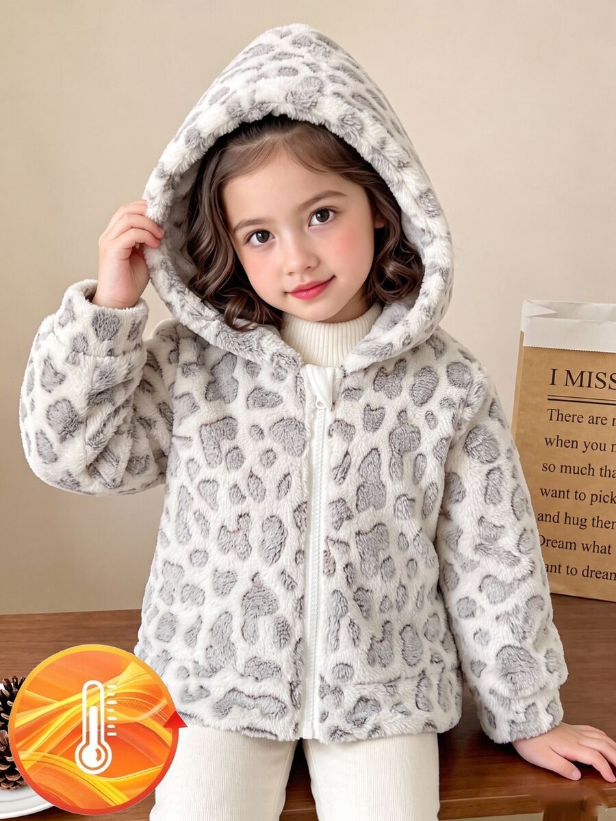 SHEIN Playful Pals Baby Girl Casual Solid Color Thermal Lined Hooded Zip-Up Jacket, Suitable For Autumn/Winter - Grey - View 1
