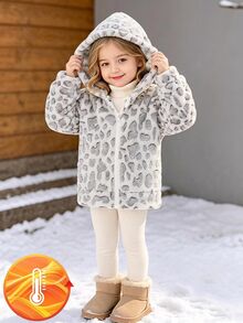 SHEIN Playful Pals Baby Girl Casual Solid Color Thermal Lined Hooded Zip-Up Jacket, Suitable For Autumn/Winter - Grey - View 5