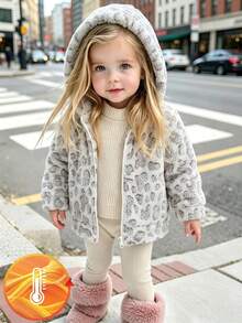 SHEIN Playful Pals Baby Girl Casual Solid Color Thermal Lined Hooded Zip-Up Jacket, Suitable For Autumn/Winter - Grey - View 3