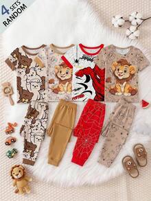 Baby Boy Casual Cartoon Bear Pattern Slim Fit Round Neck Comfortable Short Sleeve Pants Pajamas, Suitable For Spring & Summer 4 SETS RANDOM Snug Fit - Multicolor - View 1