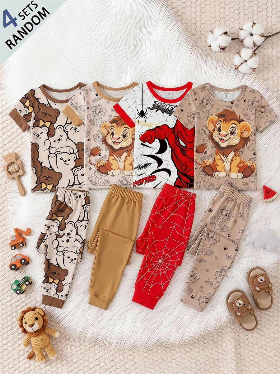 Baby Boy Casual Cartoon Bear Pattern Slim Fit Round Neck Comfortable Short Sleeve Pants Pajamas, Suitable For Spring & Summer 4 SETS RANDOM Snug Fit - Multicolor - View 1