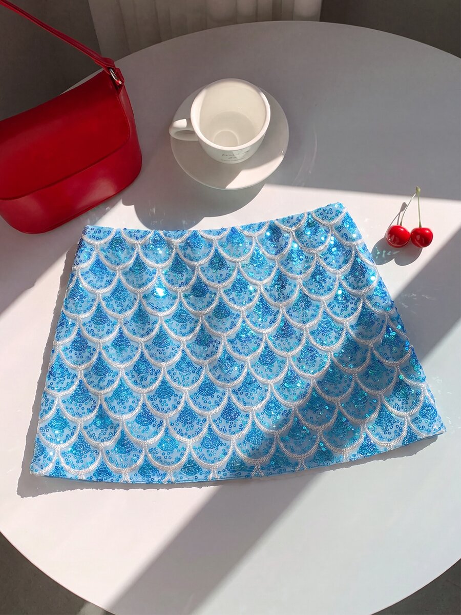 Franclia Women's Fish Scale Pattern Casual Daily Wear Mini Skirt - Blue - View 1