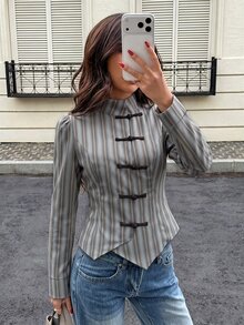 Struktiv 女款條紋青蛙鈕扣設計長袖復古襯衫 - 彩色 - 查看 3
