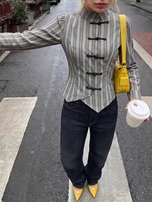 Struktiv 女款條紋青蛙鈕扣設計長袖復古襯衫 - 彩色 - 查看 7