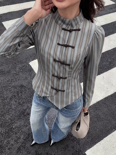 Struktiv Women's Striped Frog Button Design Long Sleeve Vintage Blouse