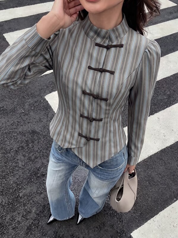 Struktiv Women's Striped Frog Button Design Long Sleeve Vintage Blouse