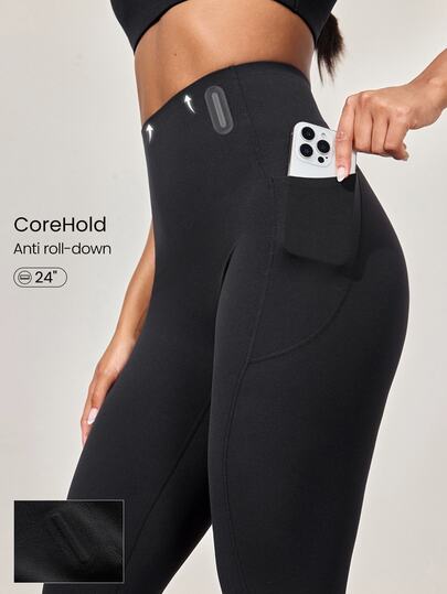 GLOWMODE 24'' CoreHold FeatherFit™-Sculpt CoreHold Kaymayan Fit Kemikli Karın Kontrolü Ön Dikişsiz Taytlar Yan Cepli Orta Etkili Antrenman Koşu Spor Salonu Eğitimi