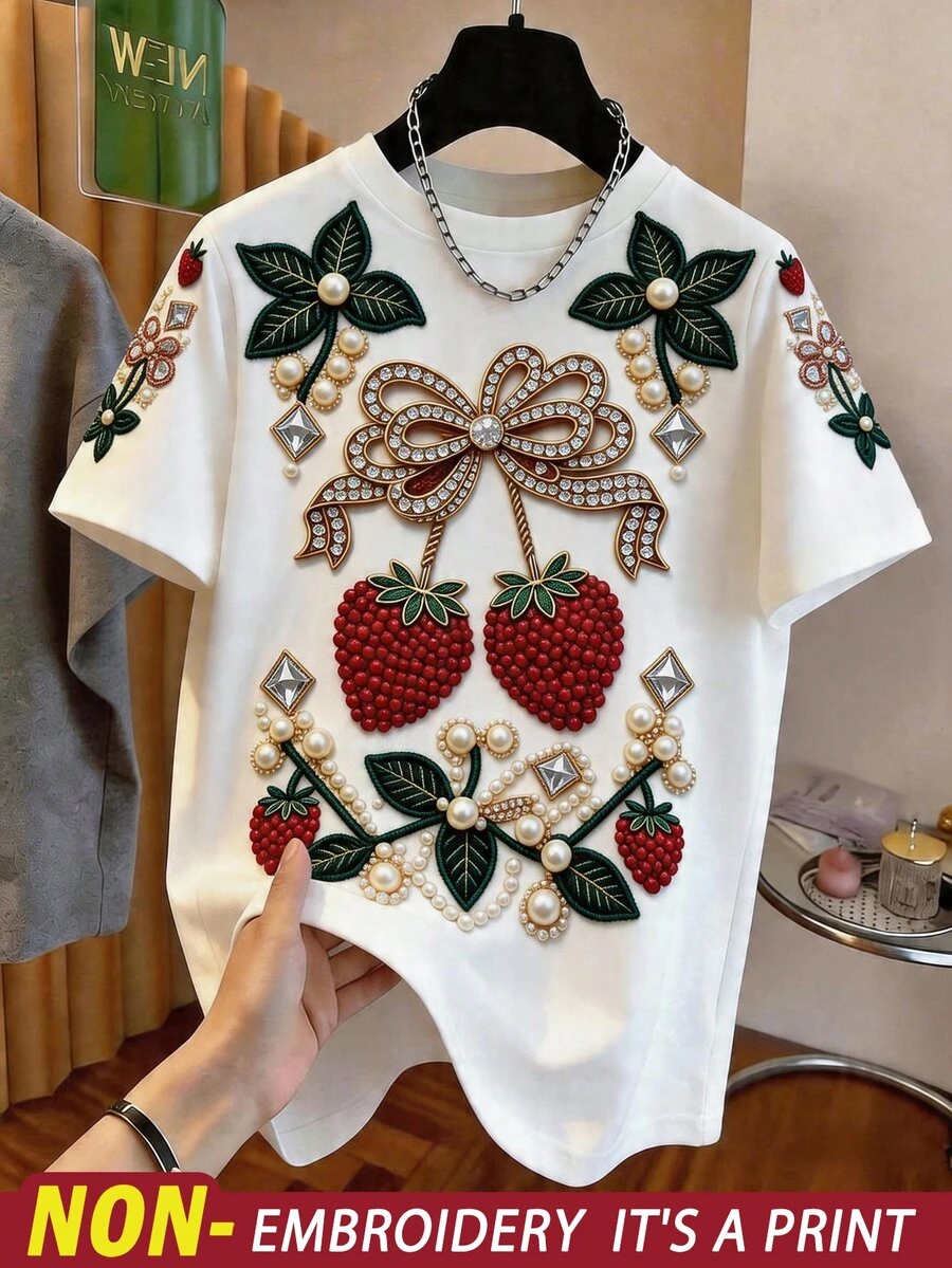 Resyla Women's Round Neck Casual Strawberry Pattern Short Sleeve T-Shirt, Versatile For Daily Wear - Multicolor - View 1