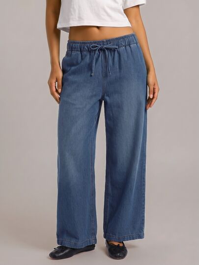 YARNWELL Fashion Casual Versatile Tie Waist Elastic Waist Loose Washed Wide Leg Jeans