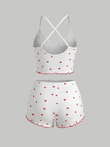 SHEIN MOD طقم بيجاما/طقم ملابس نوم مزخرف بقلب مع حافة خس وأربطة أمامية، طقم أبيض - أبيض - مشاهدة 3