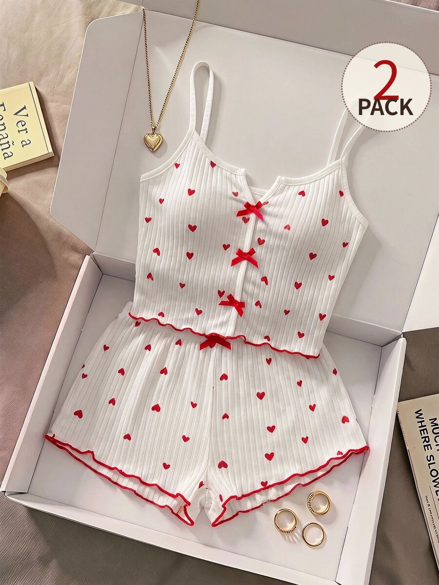 SHEIN MOD طقم بيجاما/طقم ملابس نوم مزخرف بقلب مع حافة خس وأربطة أمامية، طقم أبيض - أبيض - مشاهدة 1