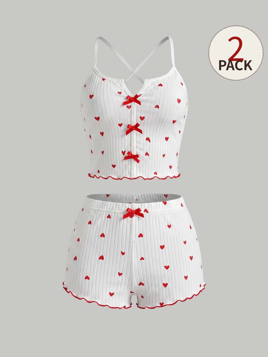 SHEIN MOD Conjunto de pijama con estampado de corazón, ribete de lechuga y lazo frontal / Conjunto de pijama Juego de blanco - Blanco - Ver 1