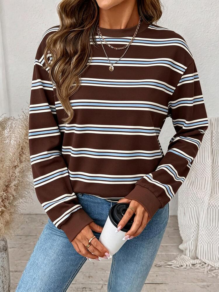 SHEIN LUNE Casual Retro Vintage 70s Minimalist Striped Print Round Neck Long Sleeve Loose Sweatshirt For Women Back-To-School Brown Striped Autumn Everyday - Multicolor - View 4