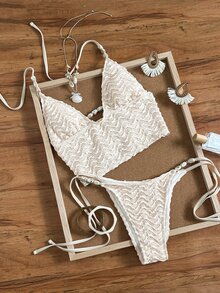 Swim Mod Women's Beige Swimwear Set,Textured Wavy Pattern Jacquard Fabric,Marble Print Beaded Decor Halter Tankini,Summer Casual Vacation Holiday Beach Outfit - Apricot - View 5