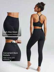 GLOWMODE 24" FeatherFit™ Keep It Classic Seam-Free High Waist Long-Lasting Comfort Back Pocket Leggings Low Impact Yoga Pilates Gym Spring Summer - Black - View 3