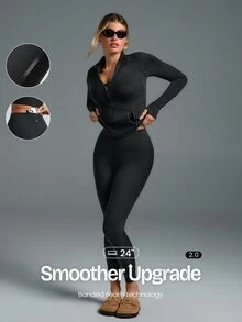 GLOWMODE 24" FeatherFit™ Keep It Classic Seam-Free High Waist Long-Lasting Comfort Back Pocket Leggings Low Impact Yoga Pilates Gym Spring Summer - Black - View 1
