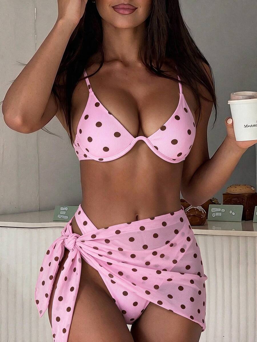 Swim SXY Pink And Black Polka Dot Print Underwire Bikini Set Beach Party Summer Sexy Tropical - Pink - View 1